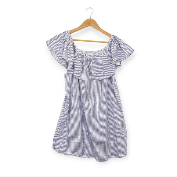 Bishop + Young Blue And White Striped Off-Shoulder Shift Dress Size M - Picture 1 of 8